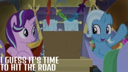 Size: 1000x563 | Tagged: safe, edit, edited screencap, editor:quoterific, screencap, starlight glimmer, trixie, pony, unicorn, g4, road to friendship, best friends, cute, diatrixes, duo, duo female, female, glimmerbetes, hammock, mare, trixie's wagon, wagon