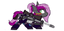 Size: 798x390 | Tagged: safe, artist:skookz, oc, oc only, oc:bitwise operator, bat pony, cyborg, pony, armor, female, gun, mare, ponytail, rifle, simple background, sneaking, sniper rifle, solo, weapon, white background, wires