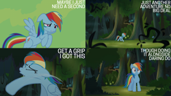 Size: 2000x1125 | Tagged: safe, edit, edited screencap, editor:quoterific, screencap, rainbow dash, pegasus, pony, daring don't, g4, female, forest, mare, slap, solo