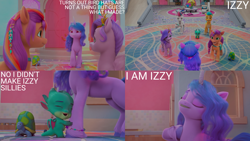 Size: 4400x2475 | Tagged: safe, edit, edited screencap, editor:quoterific, screencap, hitch trailblazer, izzy moonbow, pipp petals, sparky sparkeroni, sunny starscout, zipp storm, dragon, earth pony, pegasus, pony, turtle, unicorn, g5, izzy does it, my little pony: make your mark, my little pony: make your mark chapter 2, spoiler:my little pony: make your mark, spoiler:my little pony: make your mark chapter 2, spoiler:mymc02e01, bracelet, dialogue, eyes closed, female, grin, group, happy, hug, indoors, jewelry, literal minded, mane five, mane stripe sunny, mare, misunderstanding, name, open mouth, open smile, raised hoof, silly, silly pony, smiling, text, tiara