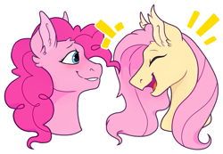Size: 1043x720 | Tagged: safe, artist:malphym, fluttershy, pinkie pie, earth pony, pegasus, pony, g4, blushing, bust, ear fluff, eyes closed, female, laughing, lesbian, mare, ship:flutterpie, shipping, simple background, smiling, white background