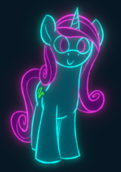 Size: 634x897 | Tagged: safe, artist:skookz, oc, oc only, oc:ultra violet, pony, unicorn, dark background, female, glowing, happy, looking at you, mare, neon, solo