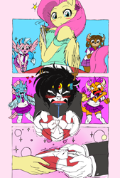 Size: 736x1086 | Tagged: safe, artist:boastudio, artist:spiders123, fluttershy, ocellus, silverstream, smolder, yona, oc, oc:ullr, changedling, changeling, classical hippogriff, deer, dragon, hippogriff, pegasus, reindeer, yak, anthro, g4, blushing, box of chocolates, breasts, busty fluttershy, canon x oc, changedling oc, changeling oc, clothes, colored, comic, commission, dragoness, eyes closed, female, hearts and hooves day, holiday, male, shipping, straight, uniform, valentine's day