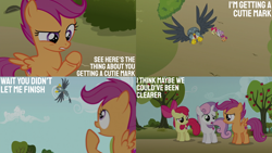 Size: 2000x1125 | Tagged: safe, edit, edited screencap, editor:quoterific, screencap, apple bloom, gabby, scootaloo, sweetie belle, griffon, pony, g4, the fault in our cutie marks, cute, cutie mark, cutie mark crusaders, female, filly, foal, gabbybetes