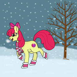 Size: 1000x1000 | Tagged: safe, artist:peachsunset08, apple bloom, earth pony, pony, g4, boots, clothes, female, filly, foal, open mouth, scarf, shoes, snow, snowfall, solo, striped scarf, tree, winter