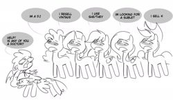 Size: 1730x1000 | Tagged: safe, artist:opossum-stuff, applejack, fluttershy, pinkie pie, rainbow dash, rarity, spike, twilight sparkle, alicorn, dragon, earth pony, pegasus, pony, unicorn, g4, dialogue, female, grayscale, horn, male, mane seven, mane six, mare, meme, monochrome, ponified meme, simple background, speech bubble, twilight sparkle (alicorn), white background, year 2030