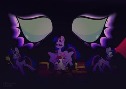 Size: 2048x1441 | Tagged: safe, artist:opossum-stuff, princess flurry heart, twilight sparkle, alicorn, pony, g4, black background, book, dark magic, duo, female, magic, simple background, twilight sparkle (alicorn)