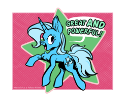 Size: 1280x1035 | Tagged: safe, artist:horsewizardart, artist:pastacrylic, trixie, pony, unicorn, g4, chest fluff, collaboration, dialogue, female, mare, open mouth, passepartout, raised hoof, smiling, solo, speech bubble, text