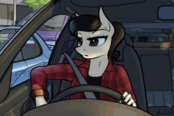 Size: 2000x1333 | Tagged: safe, artist:apocheck13, oc, oc only, oc:elya, earth pony, anthro, g4, animated, anthro oc, blinking, car, car interior, cinemagraph, driving, earth pony oc, eyebrows, featured image, female, flannel, flashing, frown, gif, not octavia, sexy, sitting, solo, subaru, traffic, traffic jam, waiting