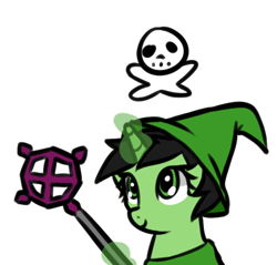 Size: 481x459 | Tagged: safe, artist:neuro, oc, oc only, oc:filly anon, pony, unicorn, ancient staff, female, filly, foal, glowing, glowing horn, hat, horn, magic staff, mare, runescape, simple background, skull and crossbones, smiling, solo, transparent background, wizard hat