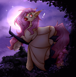 Size: 2592x2628 | Tagged: safe, artist:krissograph, fluttershy, bat pony, pony, g4, apple, bat ponified, butt, exclamation point, fangs, female, flutterbat, flutterbutt, food, full moon, high res, looking at you, looking back, looking back at you, mare, moon, mouth hold, night, plot, race swap, solo, tree branch