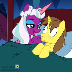 Size: 1920x1920 | Tagged: safe, artist:grapefruit-face, edit, opaline arcana, oc, oc:grapefruit face, alicorn, pony, unicorn, g4, g5, spoiler:g5, aftersex, aftersex ponies, base used, bed, blushing, canon x oc, duo, female, g5 to g4, generation leap, implied sex, male, morning after, opalfruit, open mouth, pillow, shipping, signature, straight, surprised, wide eyes