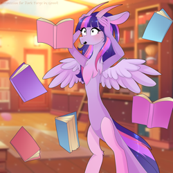 Size: 3000x3000 | Tagged: safe, artist:xjenn9, twilight sparkle, draconequus, g4, book, draconequified, floppy ears, high res, levitation, magic, open mouth, race swap, shocked, solo, species swap, spread wings, telekinesis, twikonequus, wide eyes, wings