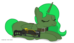 Size: 1800x1048 | Tagged: safe, artist:lonewolf3878, oc, oc only, oc:citrina, alicorn, pony, fallout equestria, aer-14, aer-14 prototype, artificial alicorn, battle saddle, eyes closed, female, green alicorn (fo:e), laser rifle, simple background, sleeping, solo, transparent background, weapon