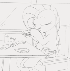 Size: 903x917 | Tagged: safe, artist:dotkwa, fluttershy, pegasus, pony, g4, belly, burger, chubby, cute, diner, eating, eyes closed, fat, fattershy, food, food baby, gray background, grayscale, monochrome, sandwich, shyabetes, simple background, sitting, sketch, solo