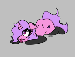Size: 1600x1200 | Tagged: safe, artist:pastelmare, oc, oc only, oc:pastel crystal, pony, unicorn, ass up, begging, black socks, clothes, dimples of venus, ear piercing, floppy ears, gray background, heart, horn, lying down, on floor, one ear down, original character do not steal, piercing, pink, purple, simple background, socks, solo, submissive, sultry pose, thick, thighs, thunder thighs, tongue out, unicorn oc