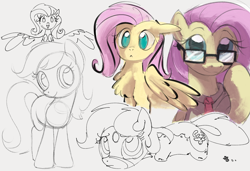 Size: 1366x932 | Tagged: safe, artist:dotkwa, fluttershy, oc, oc:deary dots, earth pony, pegasus, pony, g4, chest fluff, female, glasses, gray background, mare, necktie, quadrupedal, simple background