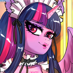 Size: 1442x1442 | Tagged: safe, artist:cali luminos, twilight sparkle, alicorn, anthro, g4, close-up, cropped, maid, maidlight sparkle, offscreen character, pov, solo, twilight sparkle (alicorn)