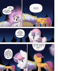 Size: 3000x3700 | Tagged: safe, artist:begoliah, scootaloo, sweetie belle, pegasus, pony, unicorn, comic:crusaders, g4, cannon, comic, dialogue, female, high res, speech bubble