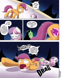Size: 3000x3700 | Tagged: safe, artist:begoliah, scootaloo, sweetie belle, pegasus, pony, unicorn, comic:crusaders, g4, butt, comic, crying, dialogue, female, glowing, glowing horn, high res, horn, magic, magic aura, onomatopoeia, plot, sound effects, speech bubble, telekinesis