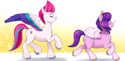 Size: 1572x765 | Tagged: safe, artist:sallylla, pipp petals, zipp storm, pegasus, pony, g5, adorapipp, adorazipp, chubby, concave belly, cute, duo, female, height difference, mare, music notes, physique difference, pipp is chubby, pipp is short, royal sisters (g5), shortstack, siblings, sisters, slender, smiling, spread wings, thin, unshorn fetlocks, walking, wings