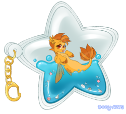 Size: 2000x1810 | Tagged: safe, artist:dozyarts, oc, oc only, oc:peach harvest, seapony (g4), bubble, dorsal fin, fish tail, flowing tail, gills, keychain, red eyes, signature, simple background, smiling, solo, swimming, tail, water, white background