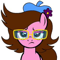 Size: 446x444 | Tagged: safe, artist:muhammad yunus, oc, oc only, oc:tiffany fisher, earth pony, pony, series:the guardian of leadership, bedroom eyes, brown eyes, brown hair, earth pony oc, eyeshadow, female, flower, glasses, hair, hat, headwear, makeup, pink body, plant, sad, simple background, solo, transparent background, unamused, worried