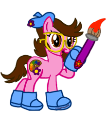 Size: 922x1049 | Tagged: safe, artist:angrybirdstiff, oc, oc only, oc:tiffany fisher, earth pony, pony, series:the legend of tenderheart, series:tiffanyverse, base used, clothes, earth pony oc, female, flower, glasses, happy, hat, ibispaint x, mare, open mouth, paintbrush, shoes, simple background, solo, transparent background
