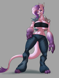 Size: 1676x2199 | Tagged: safe, artist:thebigbadwolf01, oc, oc only, oc:crystal clarity, dracony, dragon, hybrid, anthro, digitigrade anthro, belly button, big breasts, breasts, clothes, commission, digital art, female, gray background, huge breasts, impossibly thin waist, interspecies offspring, looking at you, offspring, pants, parent:rarity, parent:spike, parents:sparity, simple background, solo, tail, tank top, thighs, tube top, underboob, wide hips