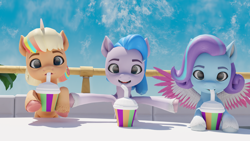 Size: 3840x2160 | Tagged: safe, artist:raindashesp, glory (g5), peach fizz, seashell (g5), earth pony, pegasus, pony, unicorn, g5, female, filly, foal, high res, looking at you, pippsqueak trio, pippsqueaks, scene interpretation, smoothie, table