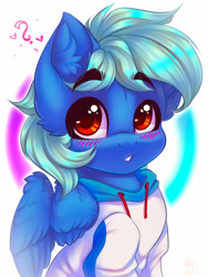 Size: 1200x1600 | Tagged: safe, artist:falafeljake, oc, oc only, oc:malfurim, pegasus, pony, blushing, clothes, ear fluff, eyebrows, eyebrows visible through hair, female, mare, signature, solo