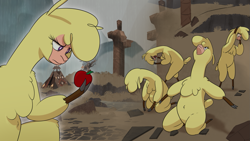 Size: 1817x1022 | Tagged: safe, artist:hitsuji, artist:mane6, paprika (tfh), alpaca, them's fightin' herds, apple, bipedal, cloven hooves, community related, despair, food, holding head, hoof hold, kneeling, looking at something, looking up, outdoors, questioning, sad, screaming, solo