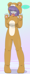 Size: 1817x4435 | Tagged: safe, artist:batipin, maud pie, human, equestria girls, g4, animal costume, bear costume, breasts, busty maud pie, clothes, collar, costume, female, gradient background, high res, open mouth, rawr, solo, speech bubble