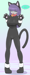 Size: 1817x4435 | Tagged: safe, alternate version, artist:batipin, maud pie, human, equestria girls, g4, animal costume, breasts, busty maud pie, cat costume, clothes, collar, costume, female, gradient background, high res, meow, open mouth, solo, speech bubble
