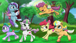 Size: 4895x2800 | Tagged: safe, artist:chopsticks, apple bloom, glory (g5), peach fizz, scootaloo, seashell (g5), sweetie belle, earth pony, pegasus, pony, unicorn, g4, g5, apple bloom's bow, bow, cellphone, cheek fluff, chest fluff, chipped tooth, concave belly, cute, cutealoo, cutie mark crusaders, ear fluff, eyes closed, female, filly, floppy ears, flying, foal, forest, glory and her heroine, glowing, glowing horn, gradient hooves, hair bow, high res, hoof hold, horn, levitation, magic, magic aura, open mouth, peach fizz and her heroine, phone, pippsqueak trio, pippsqueaks, raised hoof, running, scootalove, seashell, seashell and her heroine, smiling, spread wings, sweetie belle's magic brings a great big smile, telekinesis, unshorn fetlocks, wings