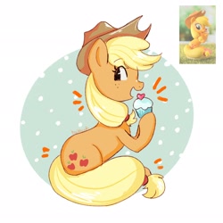 Size: 2048x2048 | Tagged: safe, artist:haibiscuits, applejack, earth pony, pony, g4, cupcake, emanata, female, food, high res, hoof hold, mare, open mouth, open smile, simple background, sitting, smiling, solo, toy interpretation, white background