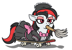 Size: 712x502 | Tagged: safe, artist:jargon scott, oc, oc only, oc:blackjack, pony, unicorn, fallout equestria, fallout equestria: project horizons, amputee, broken horn, clothes, duster, fanfic art, female, horn, lidded eyes, maid, mare, mouth hold, quadruple amputee, sausagejack, simple background, skateboard, solo, white background