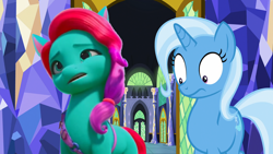 Size: 1280x720 | Tagged: safe, edit, edited screencap, screencap, jazz hooves, trixie, earth pony, pony, unicorn, all bottled up, g4, g5, growing pains, my little pony: make your mark, my little pony: make your mark chapter 2, spoiler:my little pony: make your mark, spoiler:my little pony: make your mark chapter 2, spoiler:mymc02e02, confused, duo, duo female, female, head tilt, jazz hooves has ears!, looking down, looking up, open mouth, shocked, shocked expression, twilight's castle