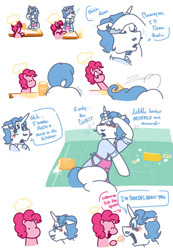 Size: 600x866 | Tagged: safe, artist:dsstoner, fancypants, pinkie pie, earth pony, pony, unicorn, comic:pinkiepants!, g4, blushing, butt, butt shake, comic, dialogue, female, male, oblivious, pinkiepants, plot, shipping, straight