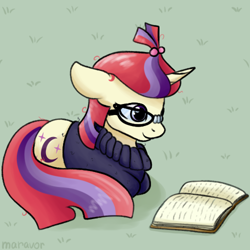 Size: 500x500 | Tagged: safe, artist:maravor, moondancer, pony, unicorn, g4, book, clothes, female, floppy ears, glasses, lying down, mare, ponyloaf, prone, reading, smiling, solo, sweater
