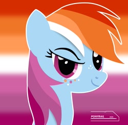 Size: 2743x2689 | Tagged: safe, artist:ponyrailartist, rainbow dash, pegasus, pony, g4, female, high res, lesbian, looking at you, pride flag