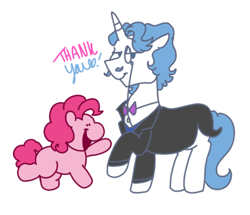 Size: 500x430 | Tagged: safe, artist:dsstoner, fancypants, pinkie pie, earth pony, pony, unicorn, comic:pinkiepants!, g4, female, male, mare, monocle, pinkiepants, shipping, size difference, smiling, stallion, straight, text