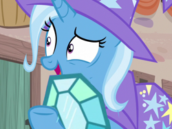 Size: 2048x1536 | Tagged: safe, edit, edited screencap, screencap, trixie, pony, unicorn, g4, season 6, to where and back again, brooch, cape, clothes, female, gem, hat, jewelry, mare, nervous, open mouth, pinpoint eyes, raised hoof, random, silly, solo, trixie's brooch, trixie's cape, trixie's hat