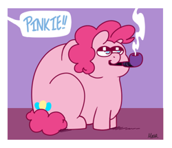 Size: 500x430 | Tagged: safe, artist:dsstoner, pinkie pie, earth pony, pony, comic:pinkiepants!, g4, fat, garfield, implied fancypants, meme, now where could my pipe be, pipe, pudgy pie, smoking, speech bubble