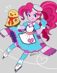 Size: 766x977 | Tagged: safe, artist:efuji_d, pinkie pie, human, equestria girls, g4, :p, clothes, dress, food, gloves, hat, ice skates, potato salad, scarf, skates, snowman, solo, tongue out