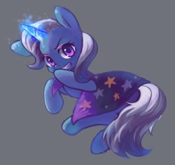 Size: 1451x1370 | Tagged: safe, artist:horseyuris, trixie, pony, unicorn, g4, female, giggling, glowing, glowing horn, hatless, horn, looking at you, magic, mare, missing accessory, simple background, solo