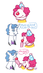 Size: 470x805 | Tagged: safe, artist:dsstoner, fancypants, pinkie pie, earth pony, pony, unicorn, comic:pinkiepants!, g4, clown, clown makeup, clown nose, comic, cute, dialogue, female, hat, male, onomatopoeia, pinkiepants, red nose, shipping, sound effects, speech bubble, straight