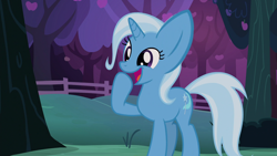 Size: 1280x720 | Tagged: safe, edit, edited screencap, screencap, trixie, pony, unicorn, g4, season 7, uncommon bond, big ears, cute, diatrixes, female, happy, hoof over mouth, mare, missing accessory, open mouth, raised hoof, random, silly, solo, tree