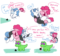 Size: 789x740 | Tagged: safe, artist:dsstoner, fancypants, gummy, pinkie pie, alligator, earth pony, pony, spider, unicorn, comic:pinkiepants!, g4, bipedal, carrying, comic, dialogue, female, holding a pony, male, pinkiepants, running, shipping, straight