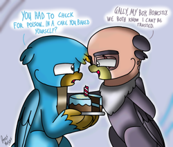 Size: 2280x1944 | Tagged: safe, artist:beesmeliss, gallus, grampa gruff, griffon, g4, cake, chibi, food